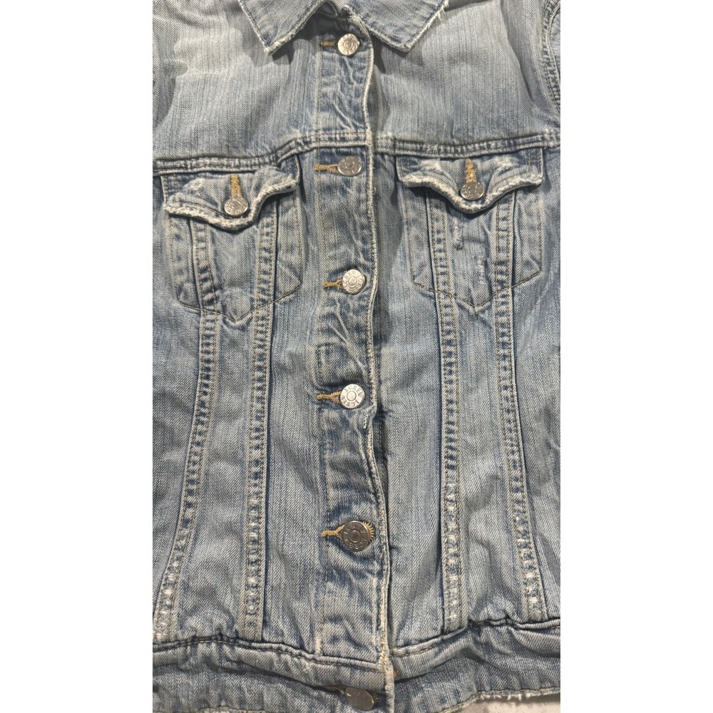 VTG 90s J.Crew Denim Jacket Womens XS Blue Distressed Trucker Casual Y2K - Picture 2 of 10